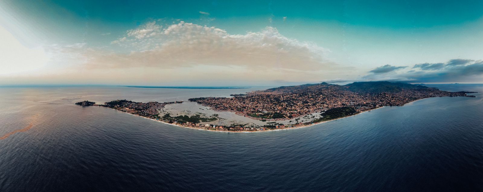 Aerial view of the Charleston peninsula and harbor